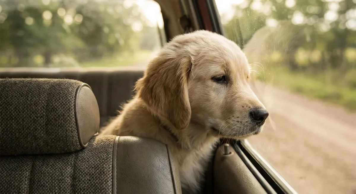 Un cățeluș Golden Retriever stând pe bancheta din spate a unei mașini, privind melancolic pe fereastră.