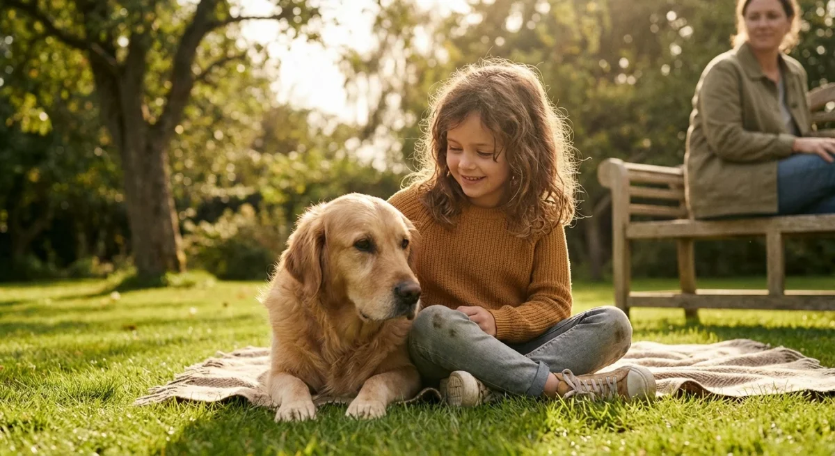 Un copil și un Golden Retriever stând liniștiți pe iarbă la apus, sub supravegherea unui adult.