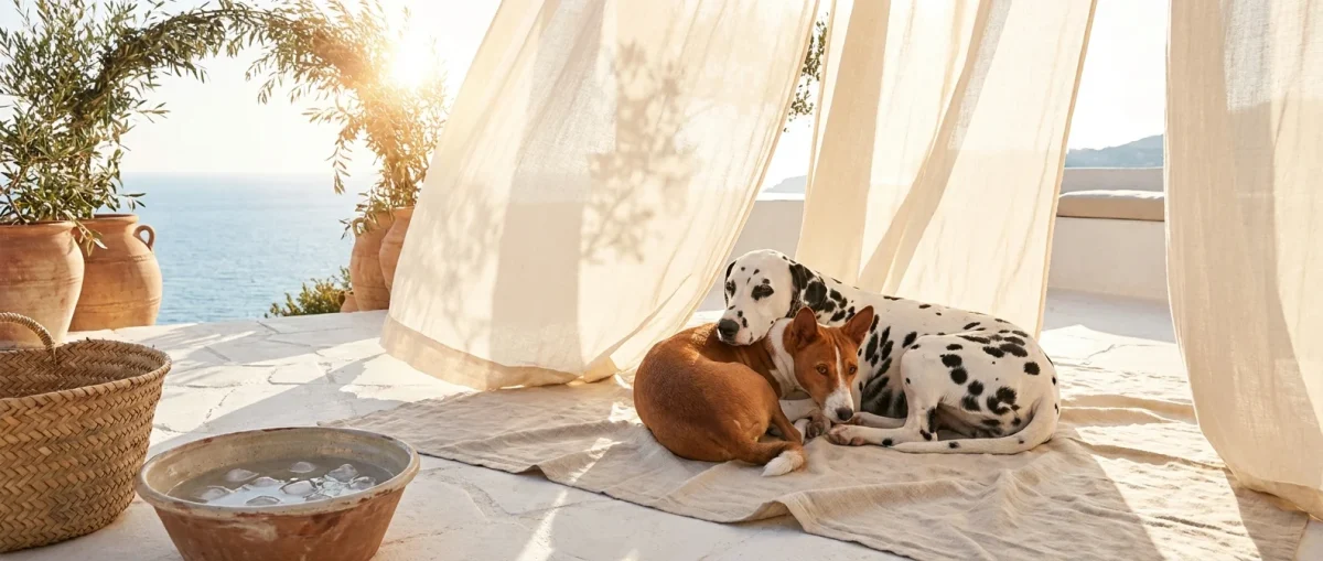 Un Dalmatian și un Basenji stând pe o terasă însorită, reprezentând rase de câini care suportă bine căldura.