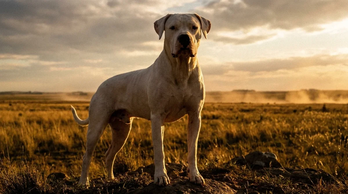 Un Dogo Argentino alb și musculos stând mândru în pampasul argentinian la apus.