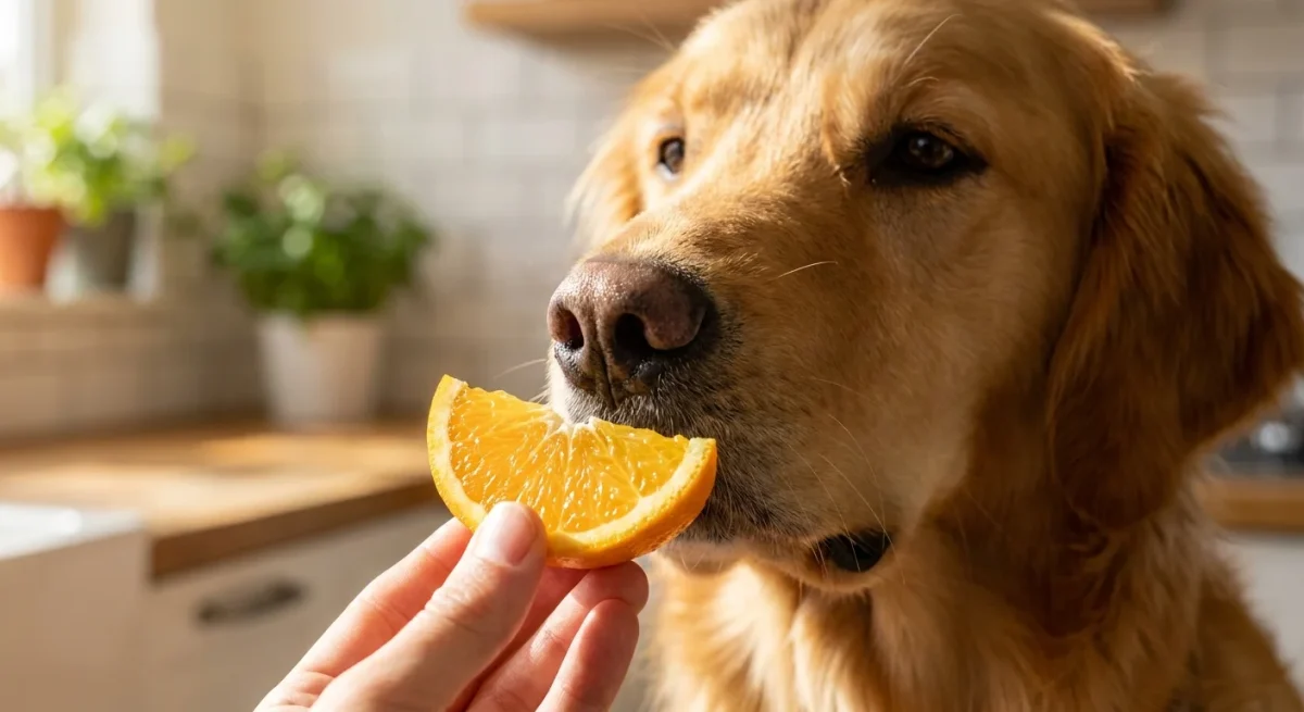 Un Golden Retriever curios adulmecă o felie de portocală proaspătă într-o bucătărie luminoasă.