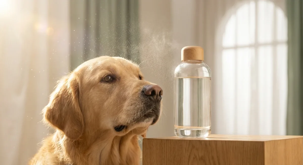 Un Golden Retriever curios lângă o sticlă de parfum elegantă, într-o lumină caldă de studio.