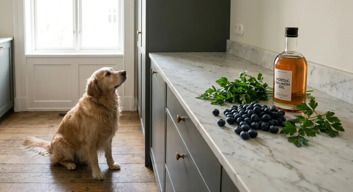 Un Golden Retriever curios lângă un aranjament de afine, pătrunjel și ulei de somon pe un blat de marmură.