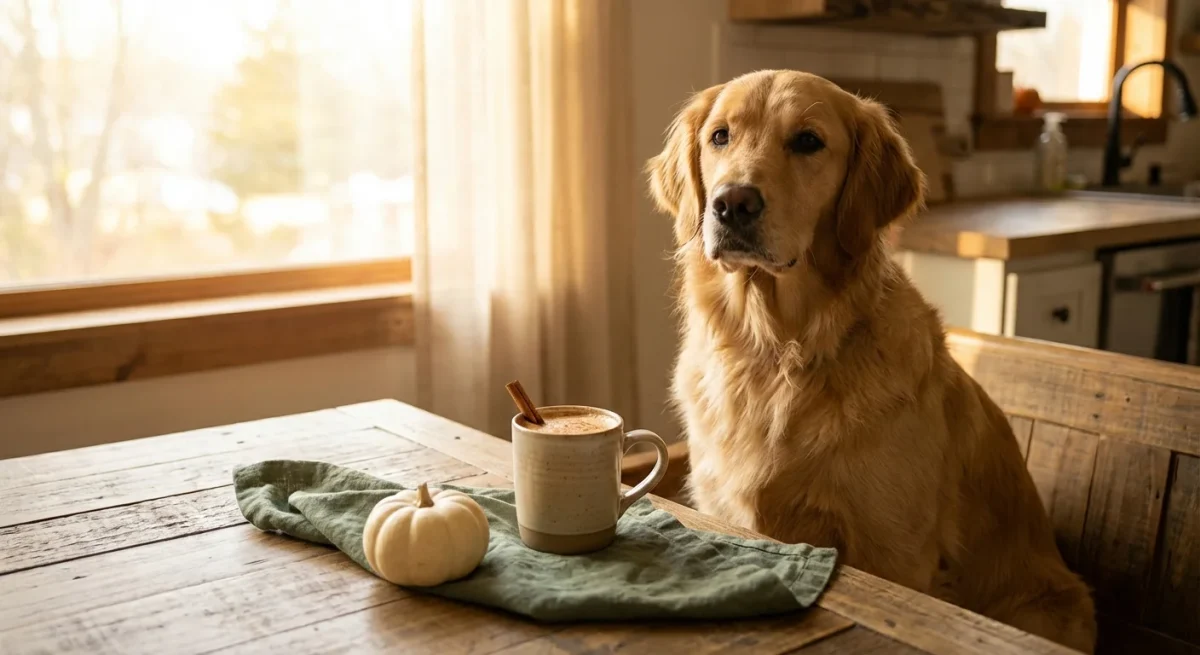 Un Golden Retriever curios privește o cană de cafea și un dovleac pe o masă de lemn.