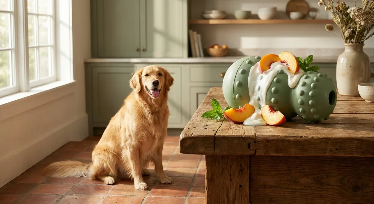 Un Golden Retriever fericit lângă o masă cu o jucărie umplută cu iaurt și piersici.
