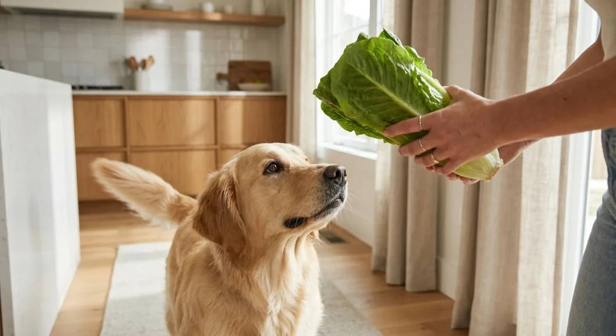 Un Golden Retriever fericit privind cu curiozitate o căpățână de salată verde proaspătă într-o bucătărie luminoasă.
