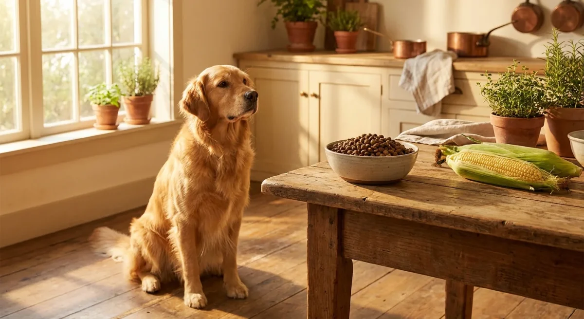 Un Golden Retriever lângă un bol cu mâncare și un știulete de porumb proaspăt într-o bucătărie luminoasă.