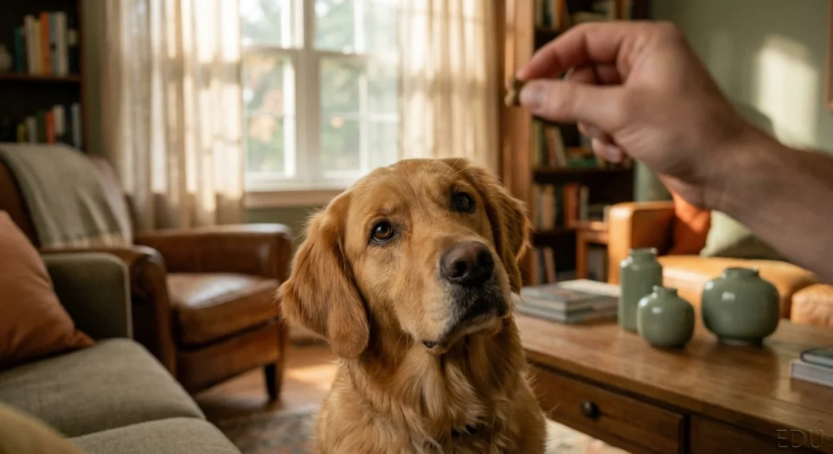 Un Golden Retriever privește confuz spre stăpân în timpul unei sesiuni de dresaj.