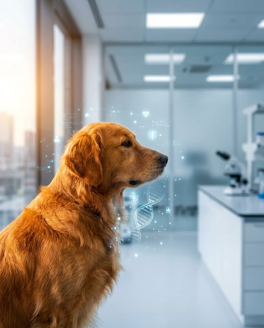 Un Golden Retriever privind spre lumină, cu elemente grafice de ADN sugerând cercetarea genetică.