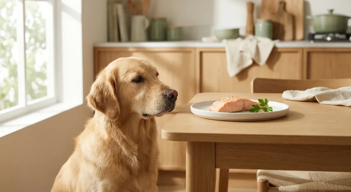 Un Golden Retriever stă lângă o masă pe care se află o farfurie cu file de somon gătit, într-o bucătărie luminoasă.