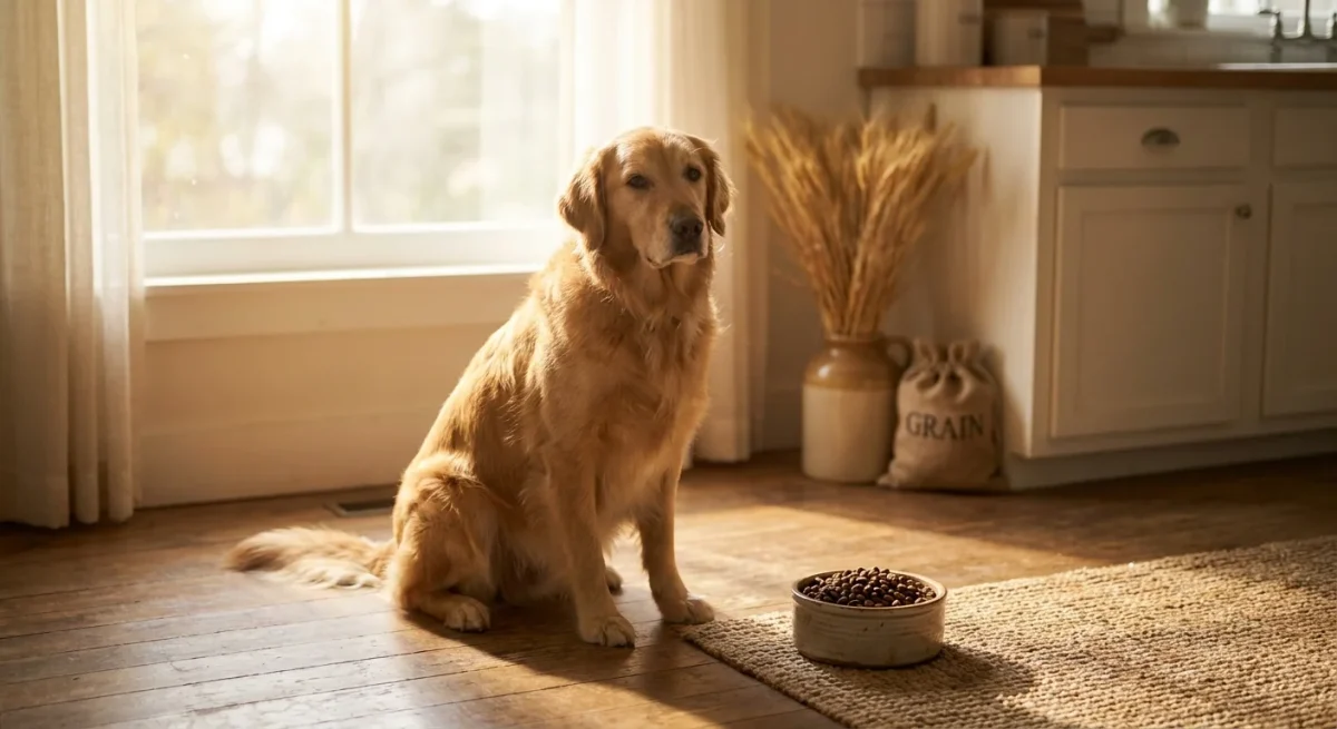 Un Golden Retriever stând lângă un bol de mâncare și câteva spice de grâu într-o bucătărie luminoasă.