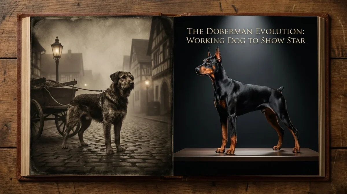 Un montaj fotografic prezentând evoluția rasei Doberman de la originile sale istorice în Germania la aspectul modern și elegant.