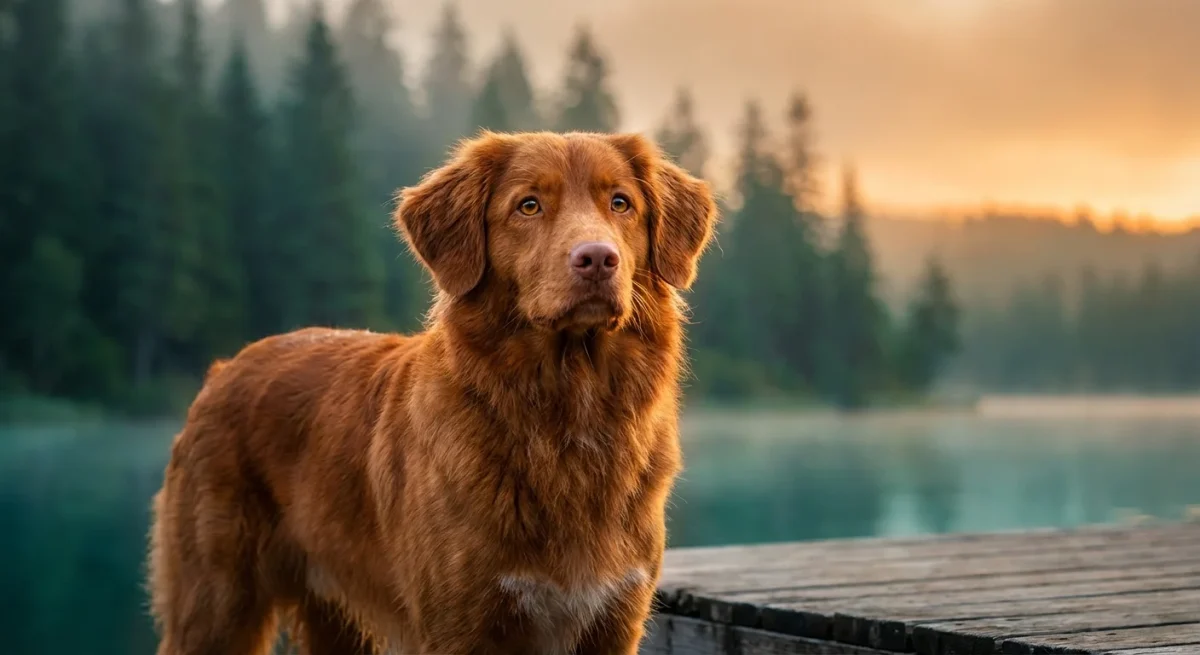 Un Nova Scotia Duck Tolling Retriever cu blană arămie stând pe un ponton la apus, lângă un lac liniștit.
