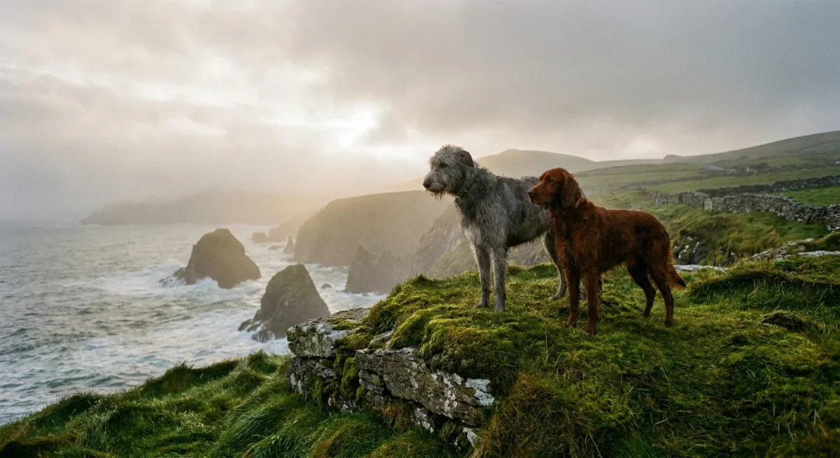 Un Ogar Irlandez și un Setter Irlandez stând pe o faleză stâncoasă și înverzită de pe coasta Irlandei.