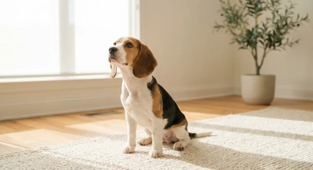 Un pui de Beagle tri-color stând așezat pe un covor alb, privind cu atenție în sus spre stăpânul său.