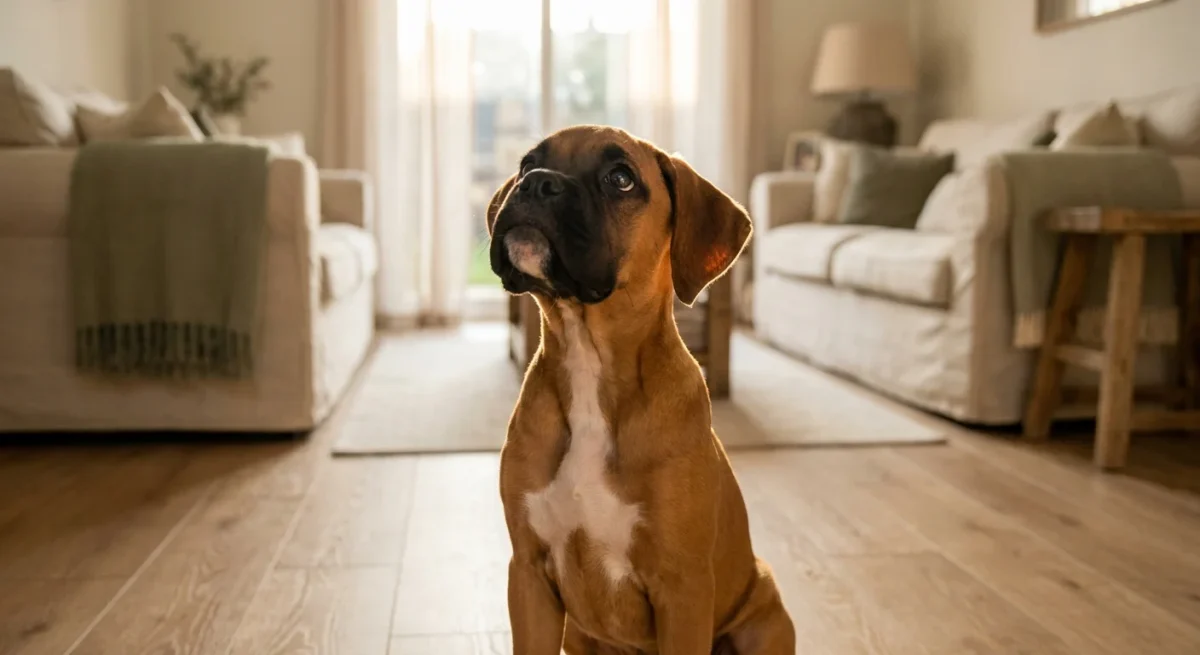 Un pui de Boxer cafeniu stând așezat pe o podea de lemn, privind curios în sus într-o lumină caldă.