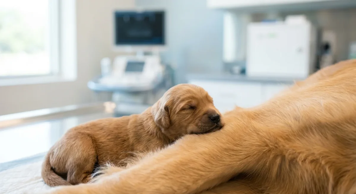 Un pui de câine nou-născut dormind lângă mama sa într-un mediu clinic curat și sigur.