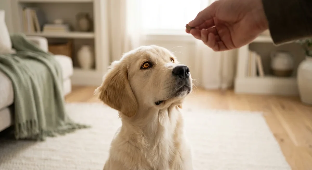 Un pui de Golden Retriever privește atent către stăpânul său în timpul unei sesiuni de dresaj într-un decor luminos.