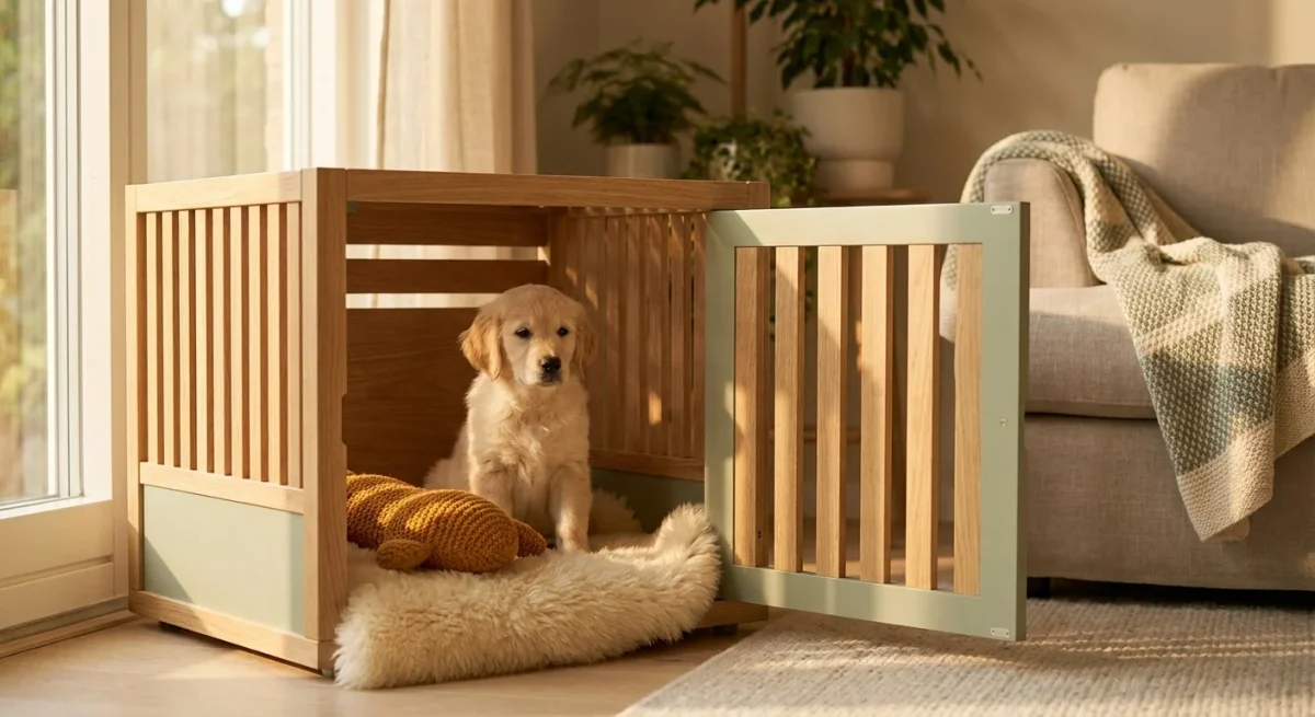 Un pui de Golden Retriever stând relaxat într-o cușcă modernă din lemn, dotată cu o blăniță moale, într-un living luminos.