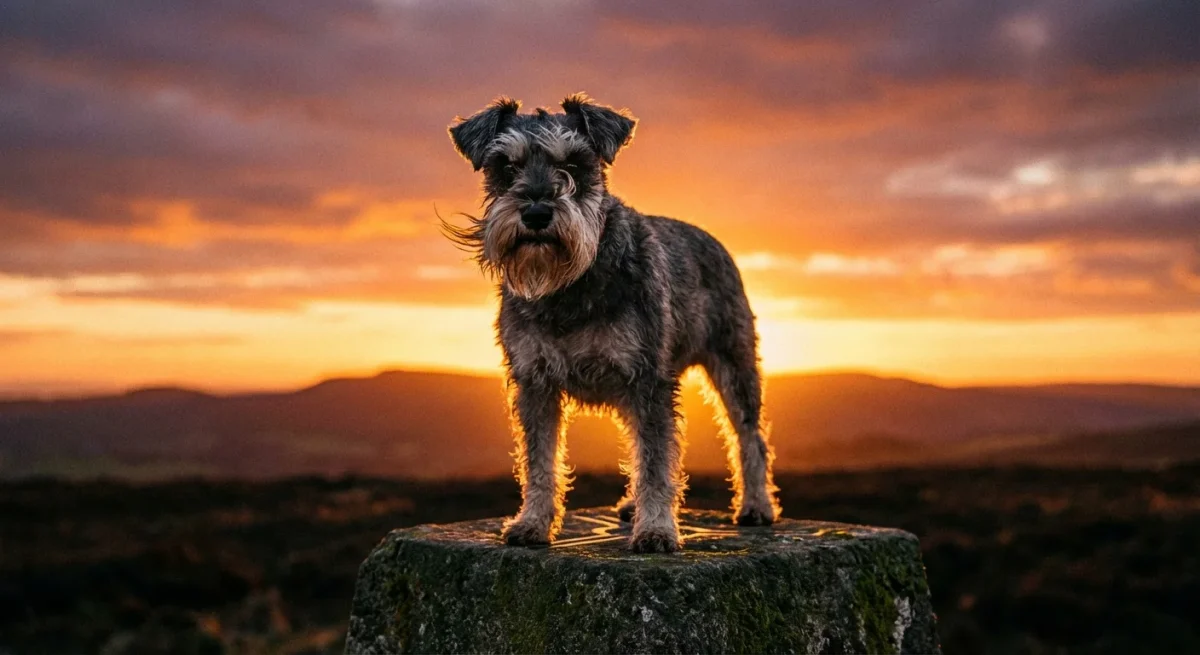 Un Schnauzer pitic stând mândru pe un postament de piatră sub un cer dramatic de apus.