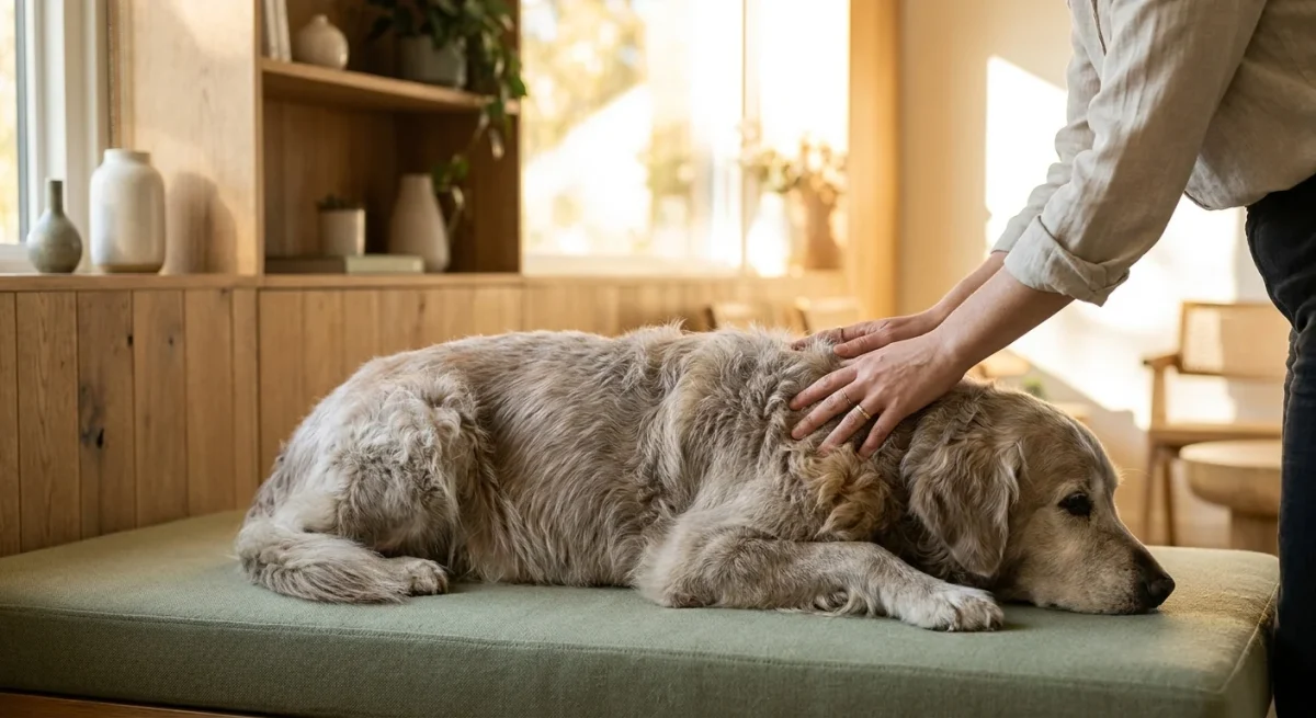 Un specialist veterinar efectuând o manevră de chiropractică pe spatele unui câine Golden Retriever.