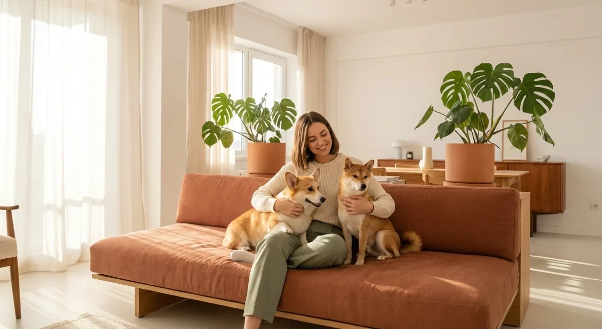 Un tânăr relaxându-se într-un apartament modern alături de un Corgi și un Shiba Inu sub lumina caldă a dimineții.