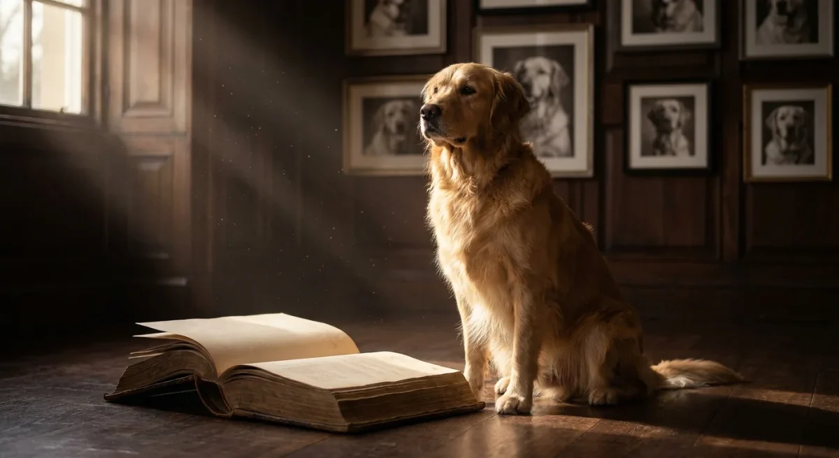 Câine Golden Retriever lângă un registru vechi și portrete de epocă, simbolizând genealogia și pedigree-ul.