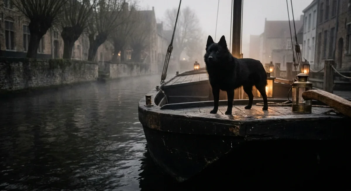Câine Schipperke negru stând în alertă pe prova unei barje vechi, pe un canal belgian în zori.