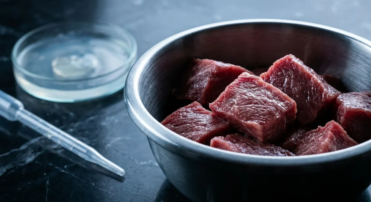 Carne crudă de vită într-un bol metalic, reprezentând riscurile bacteriilor rezistente la antibiotice.