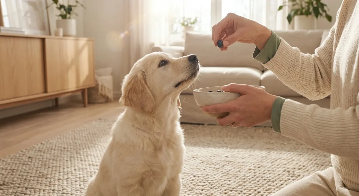 Cățeluș Golden Retriever învățat să nu fie posesiv cu mâncarea prin adăugarea unei recompense în castron.
