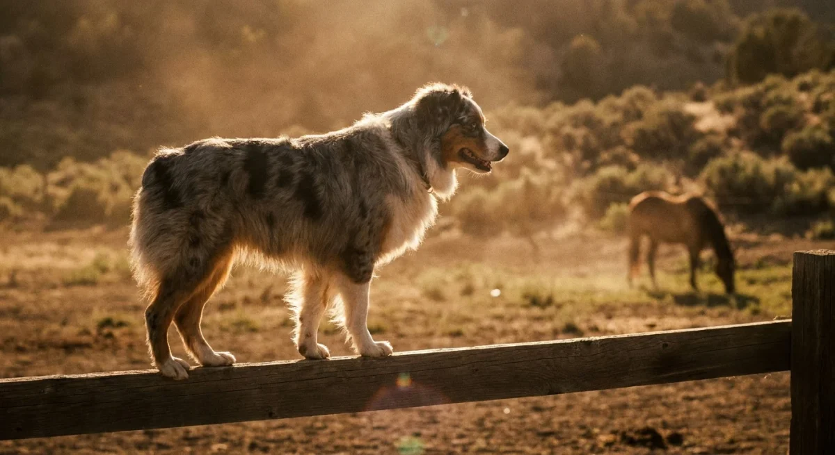 Ciobănesc American Miniatural blue merle stând pe un gard de lemn la o fermă, sub lumina caldă a apusului în California.