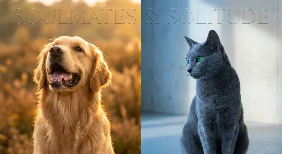 Compoziție divizată cu un Golden Retriever vesel și o pisică albastră de Rusia elegantă, pentru testul de personalitate.