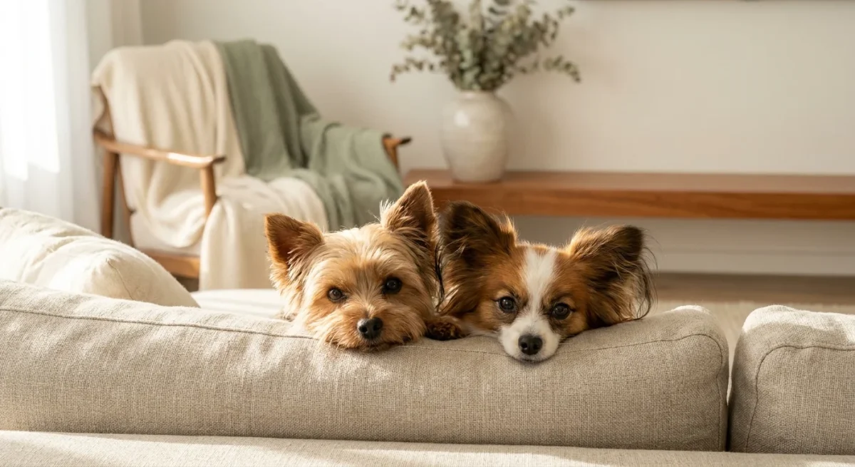 Doi câini de talie mică, un Yorkshire Terrier și un Papillon, stând mândri pe o canapea într-un decor luminos.