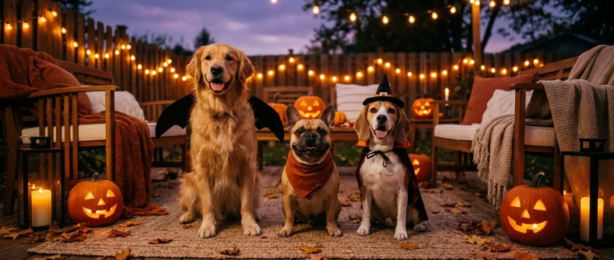 Grup de câini costumați de Halloween într-o grădină decorată festiv cu dovleci și luminițe.