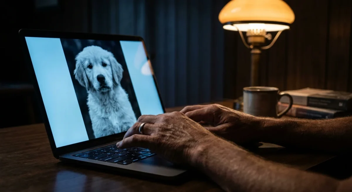 Mâini pe un laptop luminat în întuneric, afișând poza unui cățeluș, sugerând prudența în căutările online.