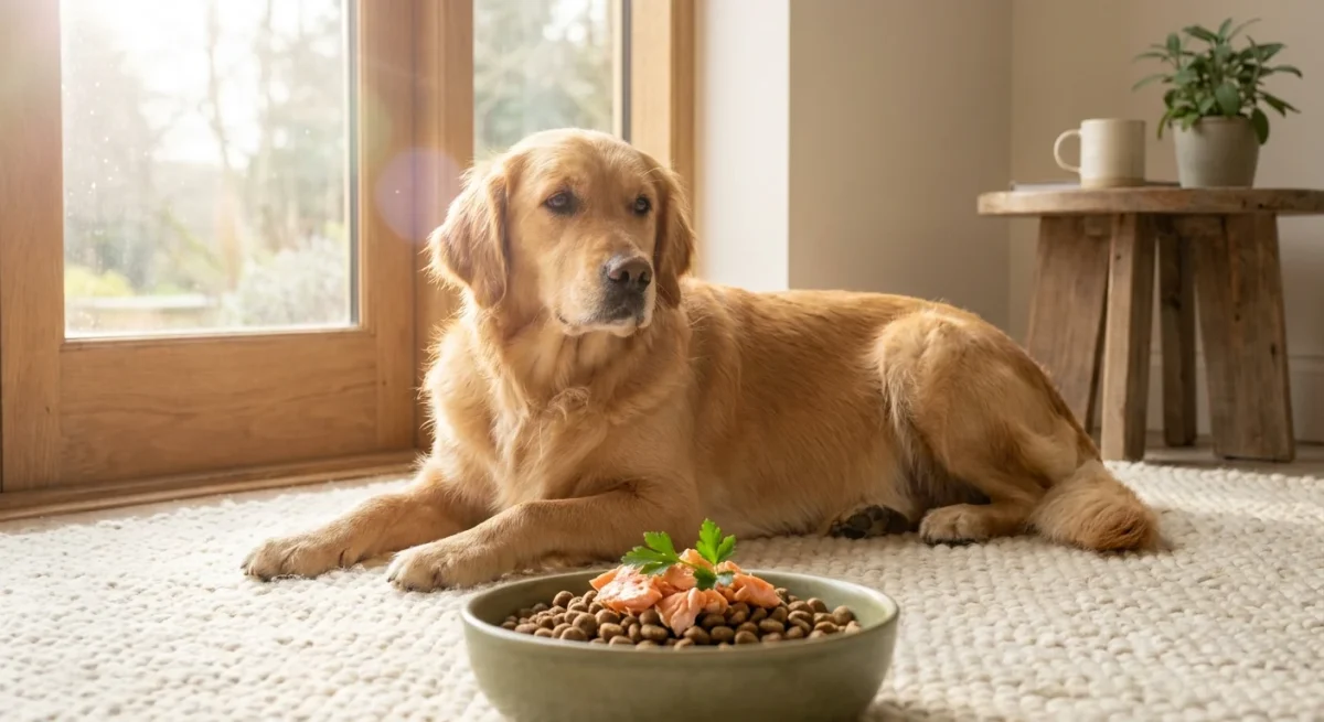 O cățea Golden Retriever gestantă stând relaxată lângă un bol cu hrană premium într-un decor luminos.