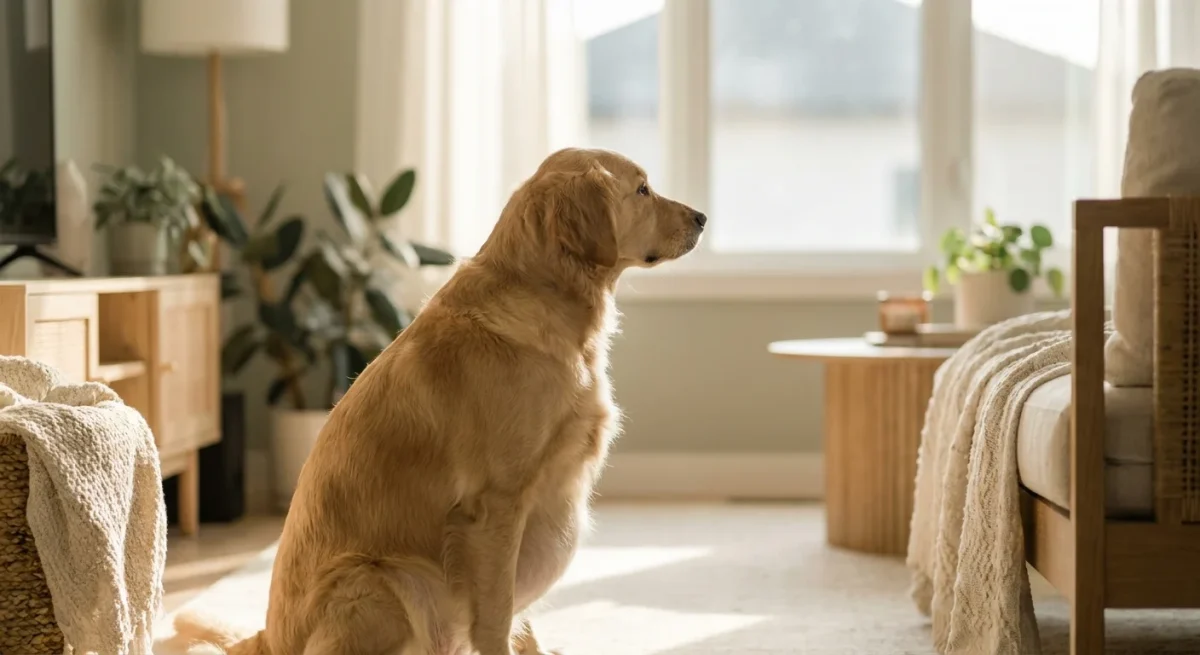 O cățelușă Golden Retriever însărcinată stând într-o cameră luminoasă, simbolizând maternitatea.