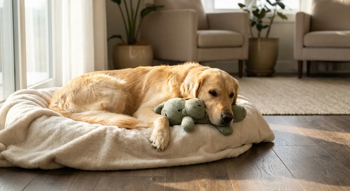 O cățelușă Golden Retriever stând cuibărită lângă o jucărie de pluș, manifestând instincte materne în timpul unei sarcini false.
