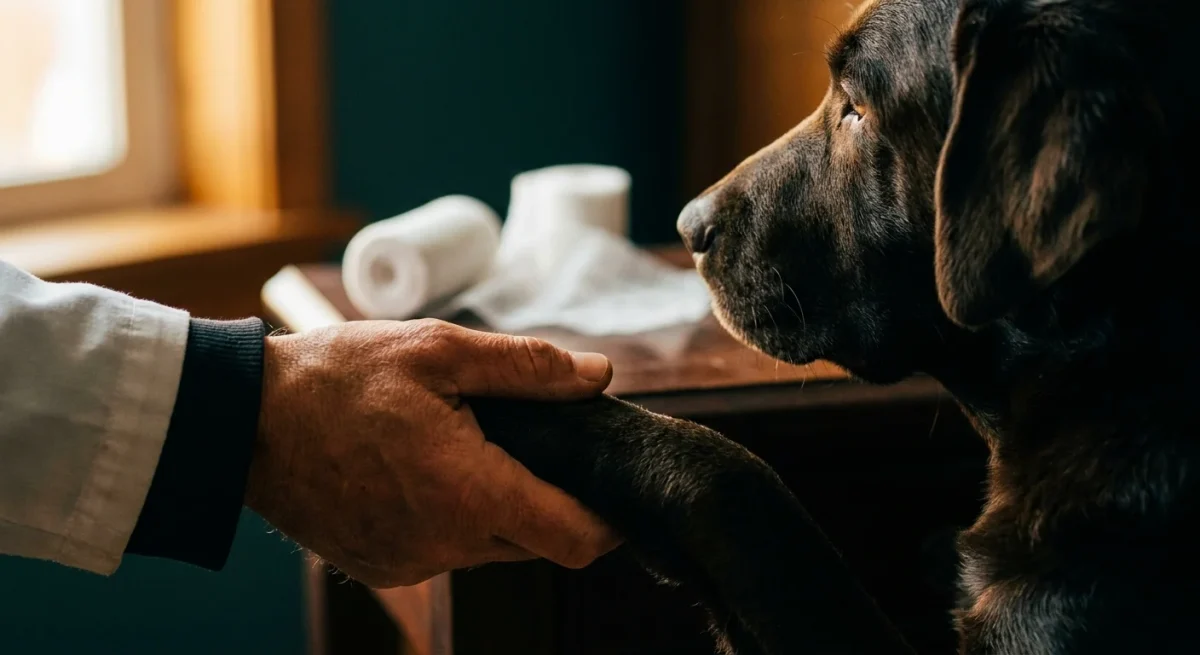 O mână de om care ține cu grijă lăbuța unui câine, simbolizând primul ajutor și îngrijirea medicală de urgență.