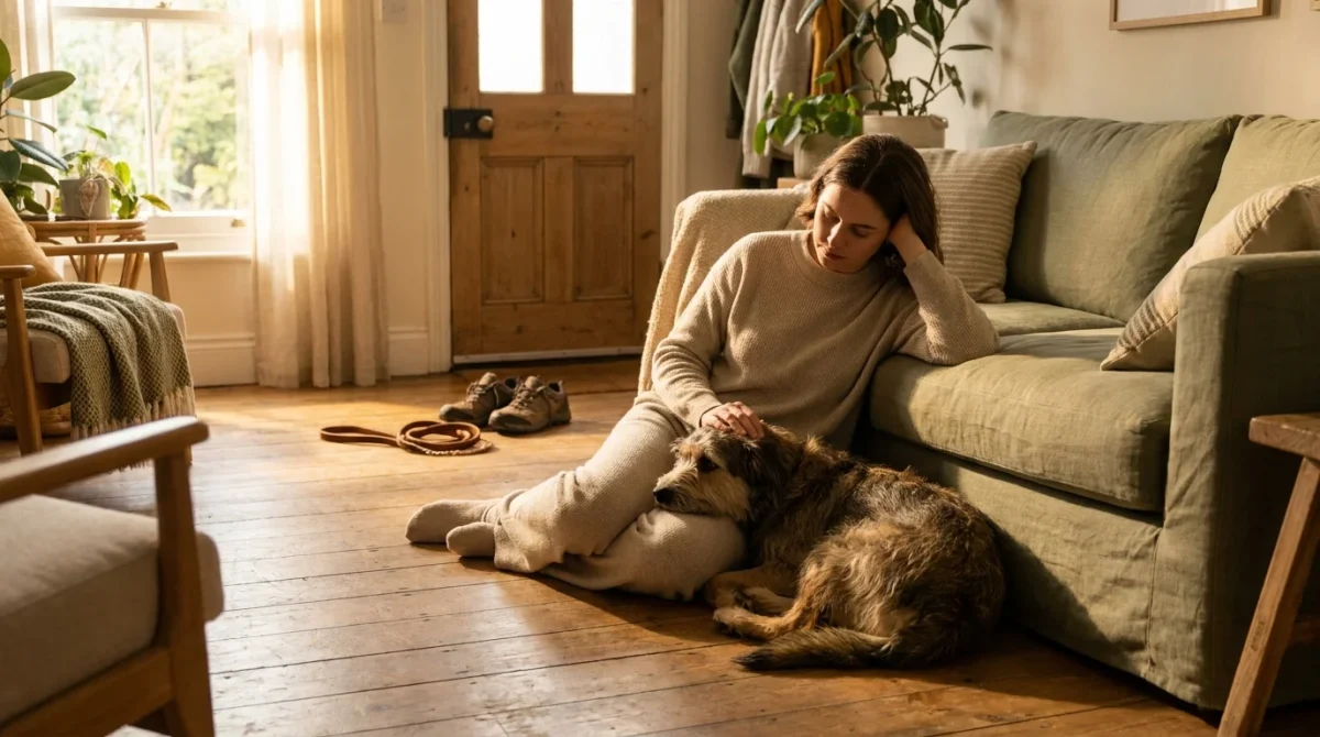 O persoană reflectând lângă câinele său într-o cameră luminoasă, simbolizând decizia responsabilă de a adopta un animal.
