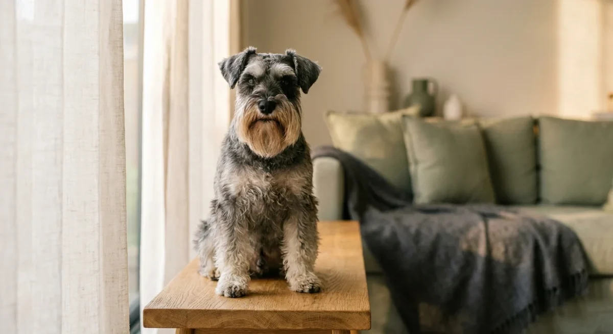 Portret de aproape al unui Schnauzer Pitic sare și piper, cu barbă și sprâncene bine îngrijite.