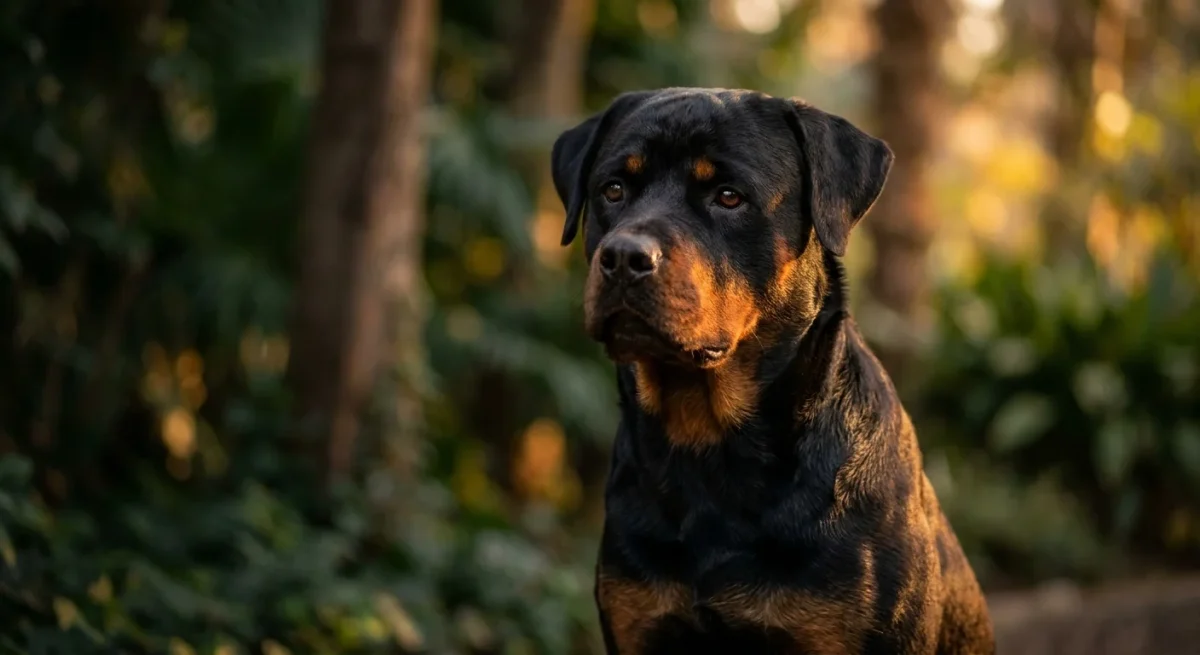 Portret editorial al unui câine Rottweiler cu privire calmă și inteligentă, evidențiind blana neagră lucioasă.