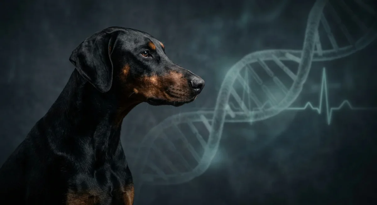 Portret editorial al unui Doberman Pinscher cu elemente grafice simbolizând genetica și sănătatea inimii.