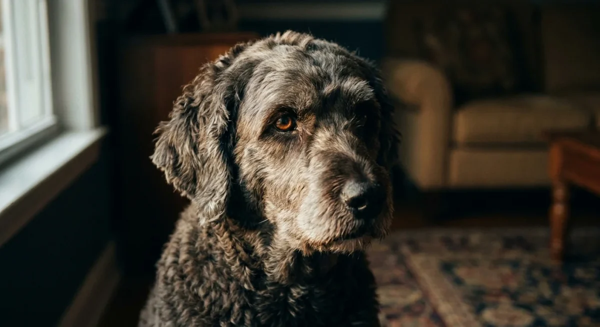Portret melancolic al unui câine de apă portughez senior, sugerând fragilitatea sănătății.
