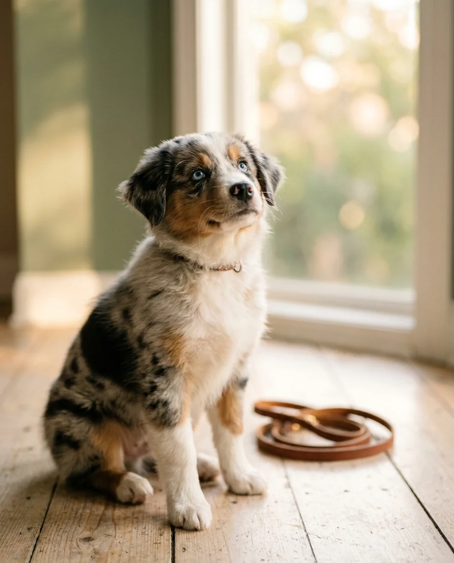 Pui de Ciobănesc Australian blue merle stând așezat pe o podea de lemn, privind cu atenție în timpul unei sesiuni de dresaj.