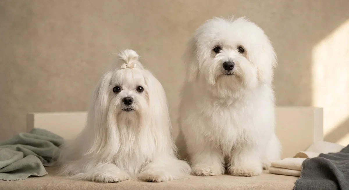 Un Bichon Maltez și un Coton de Tulear stând unul lângă altul pe un fundal neutru pentru comparație.