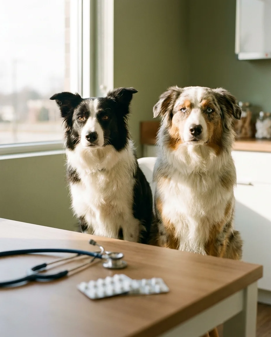 Un Border Collie și un Ciobănesc Australian stând într-un cabinet veterinar modern și luminos.