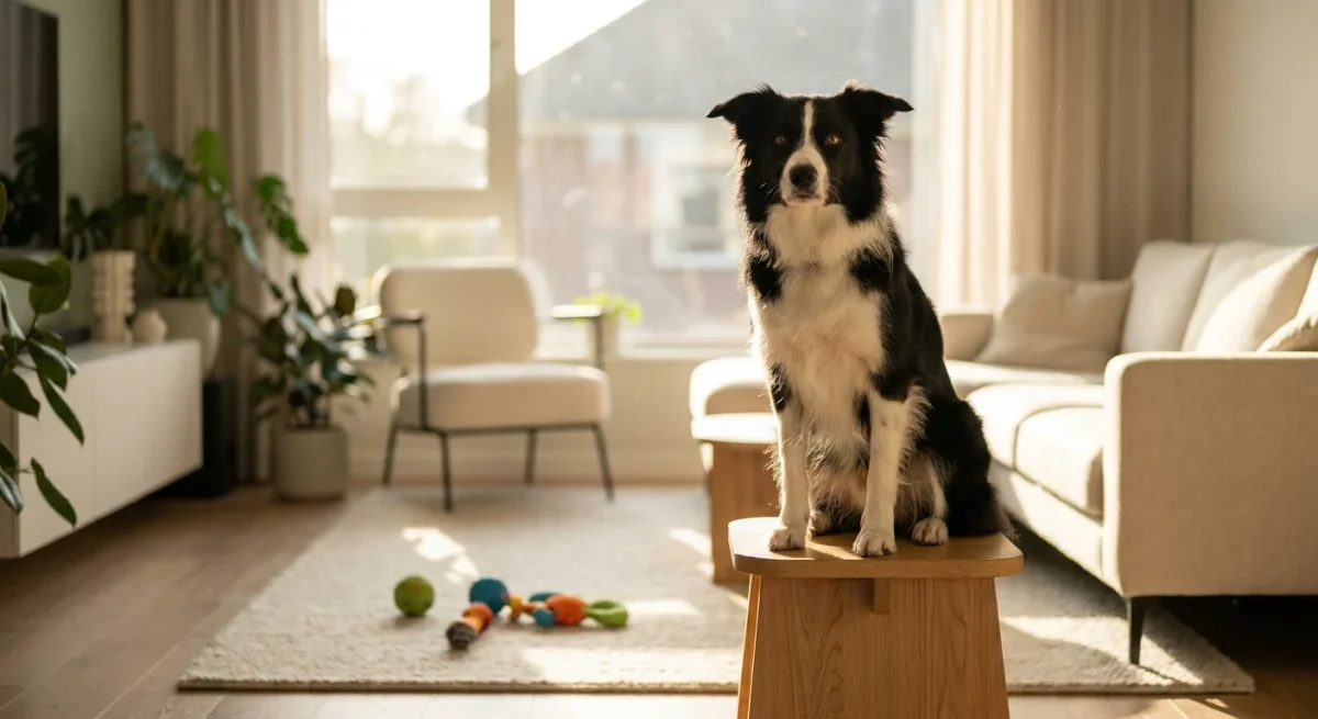 Un Border Collie stând în două picioare pe un taburet într-o sufragerie luminoasă, exersând pentru titlul de Trick Dog.