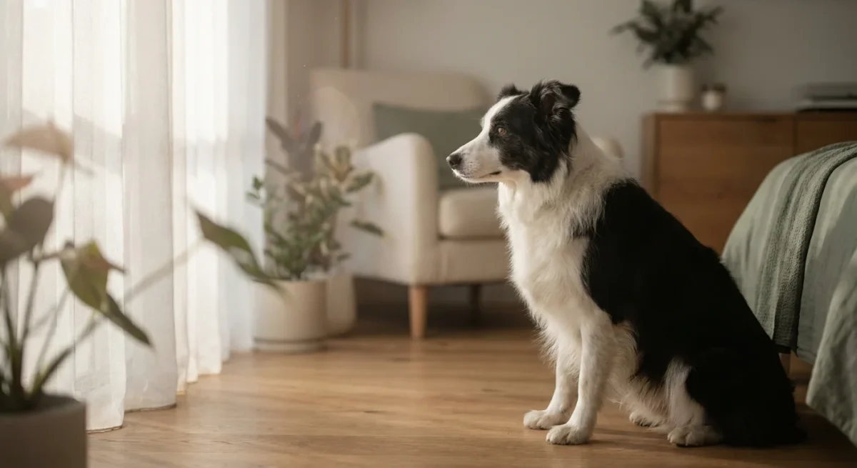 Un Border Collie stând liniștit într-o cameră luminată de soare, reprezentând echilibrul emoțional obținut prin tratament.