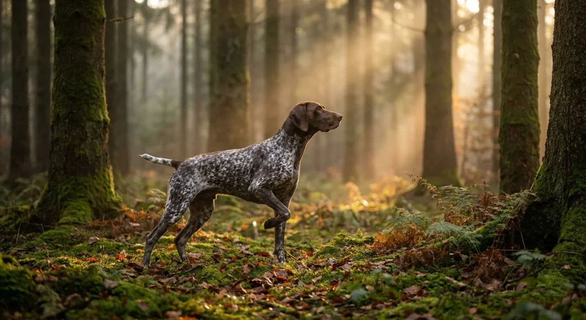 Un Brac German cu Păr Scurt stând în aret într-o pădure cețoasă, luminată de razele soarelui la răsărit.